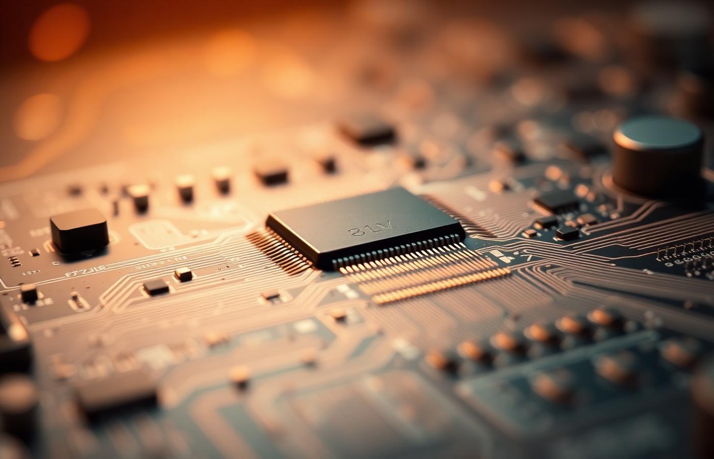 Macro detail of a modern circuit board illuminated by warm light