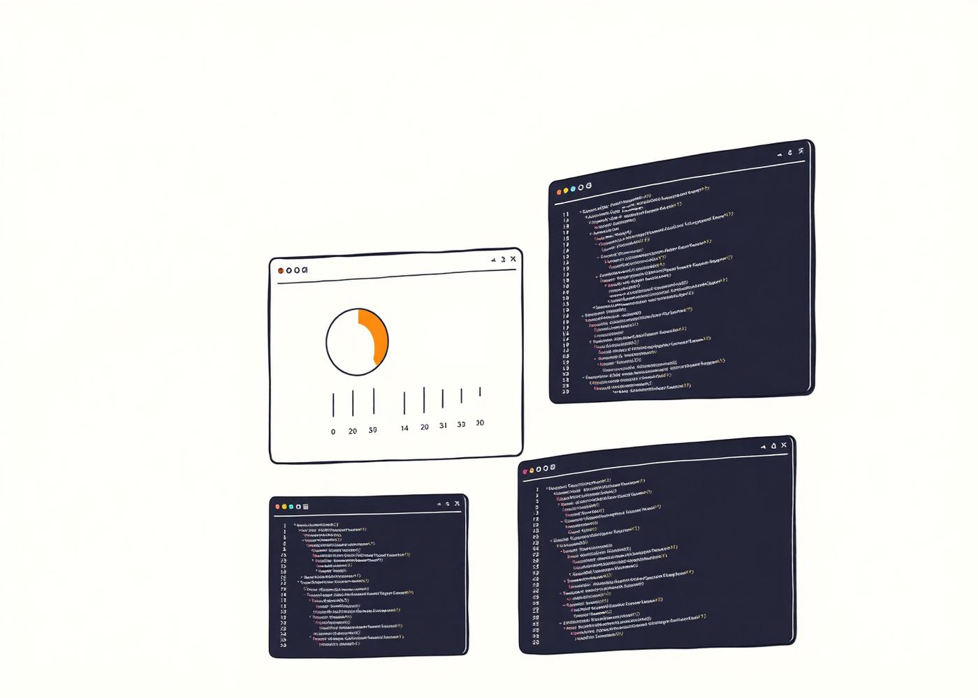Illustration of layered dashboards and terminal windows arranged as an editorial composition