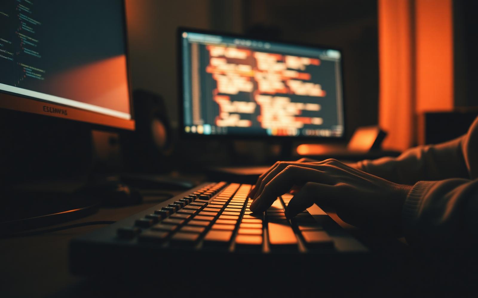 A developer's hands typing on a mechanical keyboard while code compiles on two monitors in a dim studio