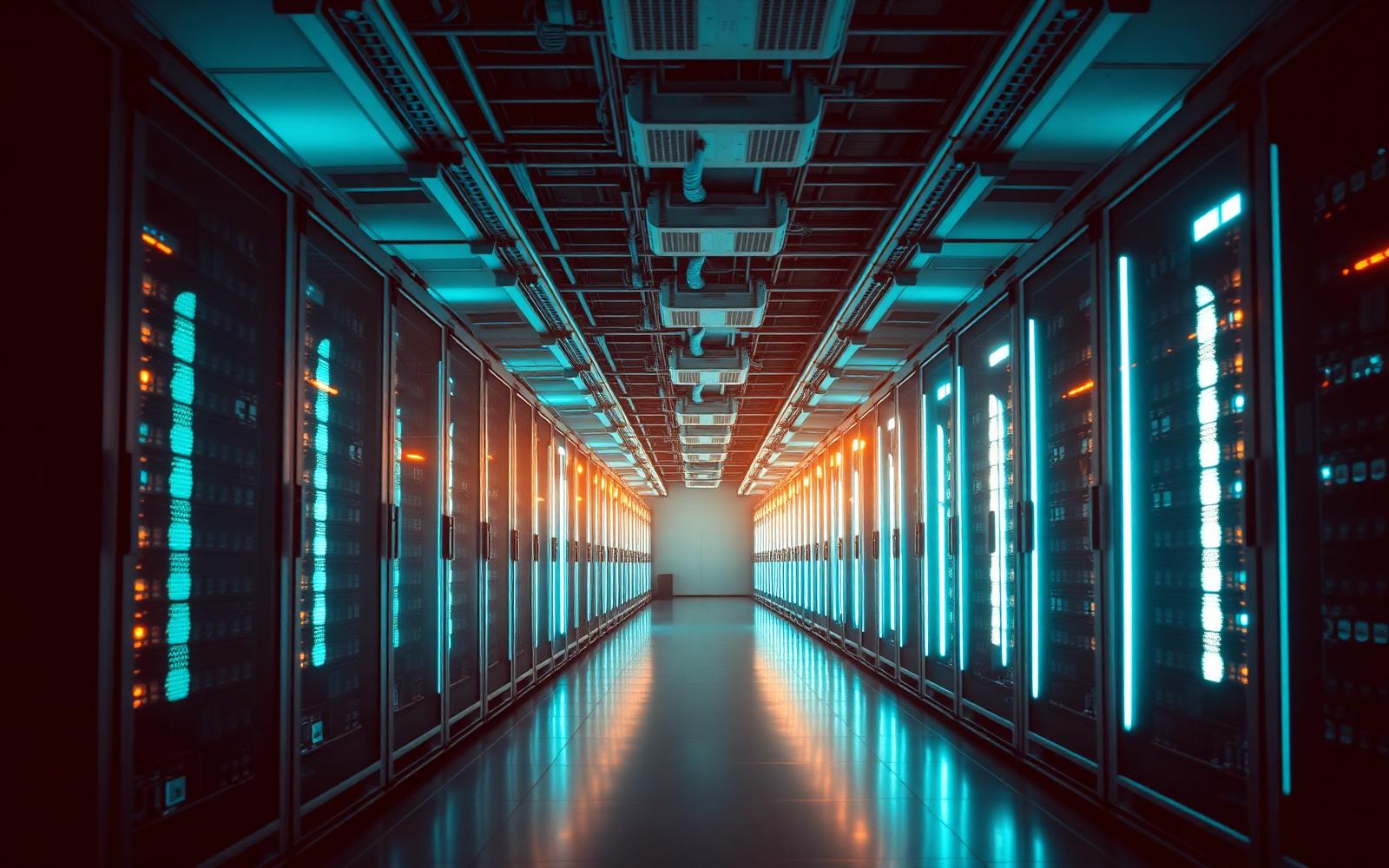 Interior of a data centre with rows of illuminated server racks