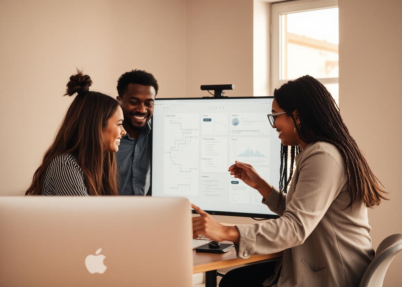 A small team collaborating in front of a dashboard on a large monitor